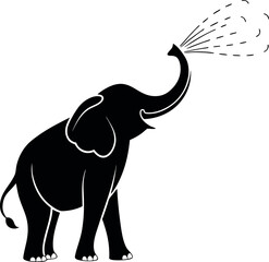 Elephant Spraying Water, Black Silhouette Minimalistic Vector Illustration, Majestic Animal, Water Spray, Elephant Design, Wildlife Art, Nature, Animal Illustration, Water Splash, Vector Art.