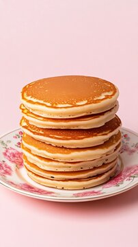 delicious mouthwatering pankakes on russian plate isolated on light pink background 
