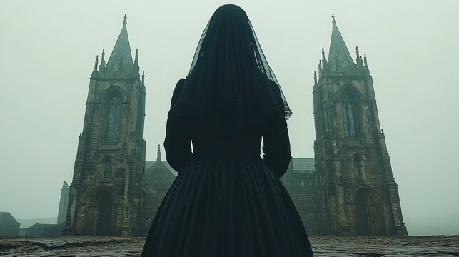 Woman in black dress, gothic cathedral, foggy day, somber mood, stock photo