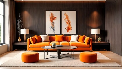 The image shows a modern living room with an orange couch and coffee table.