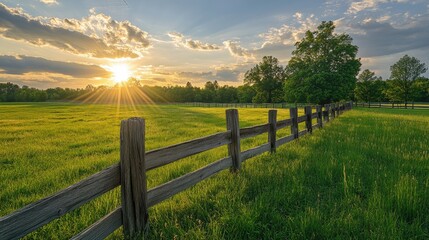 Fototapeta premium Sunset Over a Green Meadow and Wooden Fence