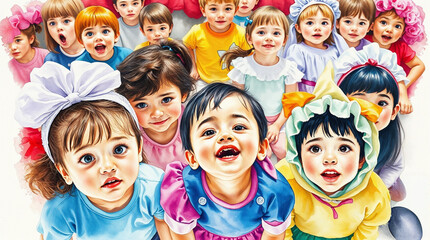 Fototapeta premium Children in Colorful Carnival Costumes at a Festive Kindergarten Party