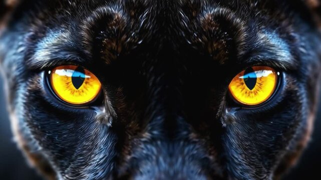 Black panther eyes background, wild cat animal face in night, yellow eyeballs in dark. Black panther eyes glow look in macro closeup