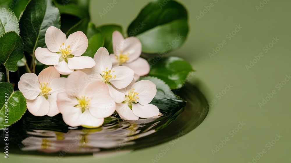 Aufkleber elegant apple blossoms reflected in a small pond within the orchard soft ripples creating a dreamy a