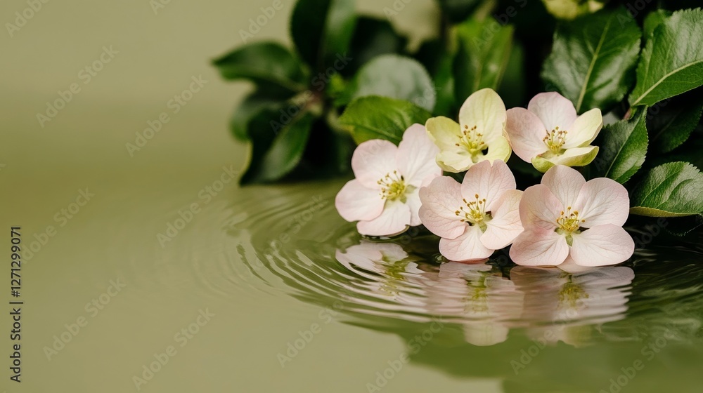 Aufkleber elegant apple blossoms reflected in a small pond within the orchard soft ripples creating a dreamy a