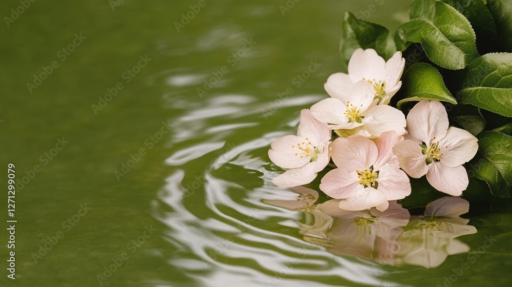 Aufkleber elegant apple blossoms reflected in a small pond within the orchard soft ripples creating a dreamy a