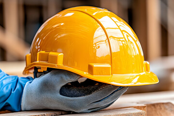 Yellow hardhat rests on gloved hand, construction site background, safety
