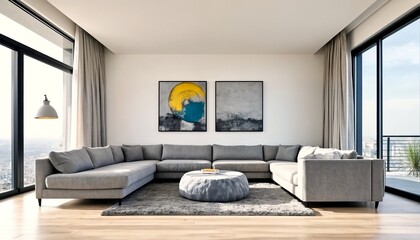 Fototapeta premium A modern living room with a gray couch and ottoman, featuring large windows and city views.