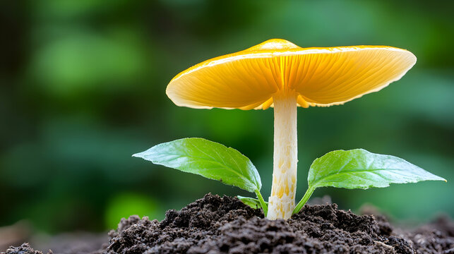 Yellow mushroom sprouting near plant, forest background, nature photography