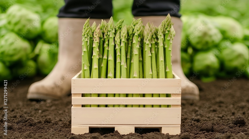 Aufkleber elegant asparagus harvest in progress with bundles of spears resting in wooden crates soil covered b