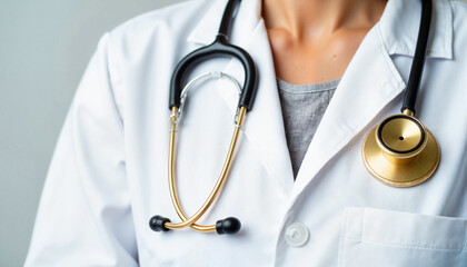 Luxurious golden stethoscope on doctor's coat, premium healthcare symbol