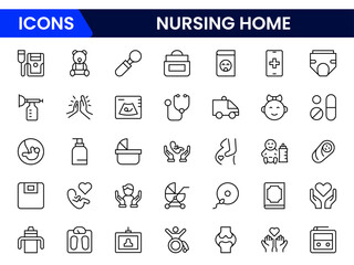 Nursing home icon set with elderly care, disabled, nurse, emergency, medical, hospital, responsibility and caring.