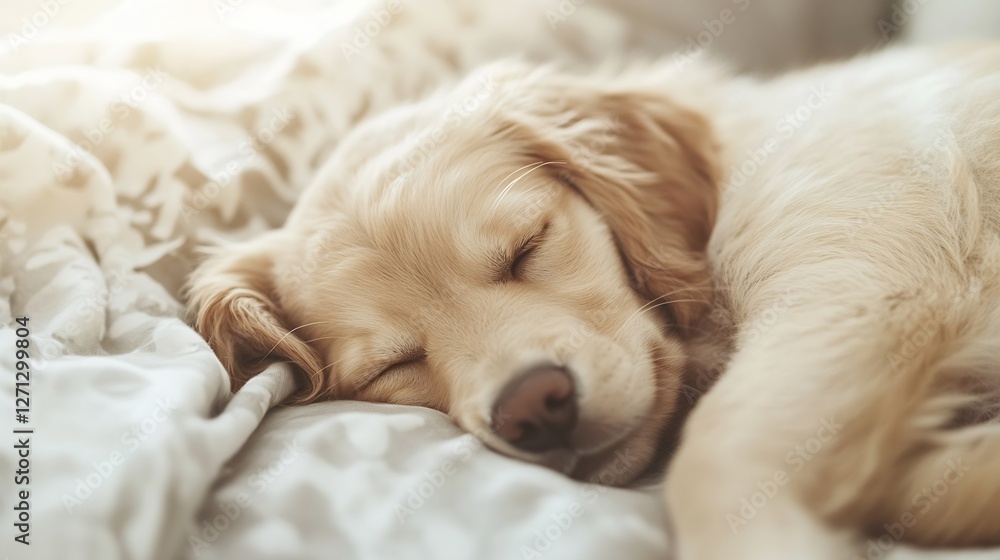 Poster adorable sleeping golden retriever nestled on a soft blanket in a sunlit cozy home environment : gen