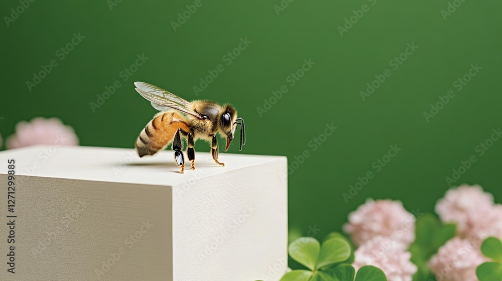 Poster elegant bee hovering over a clover flower in a suburban backyard representing the connection between