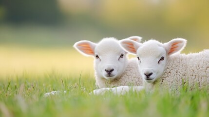 Obraz premium Two Cuddly Lambs Resting Together on a Lush Green Meadow : Generative AI