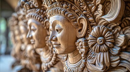 Fototapeta premium a close-up of intricately carved wooden art or sculptures.