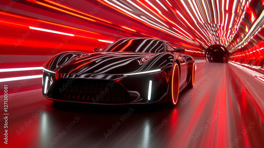 Poster a dynamic angle capturing the carâ€™s front grille as it tears down a futuristic corridor, neon