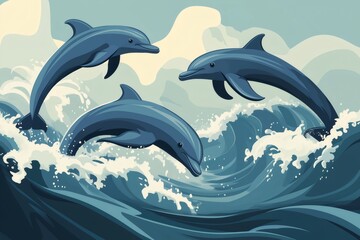 Fototapeta premium Three dolphins jumping and playing together over ocean waves with a clear sky in the background