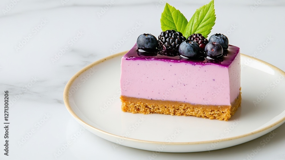 Poster elegant blueberry cheesecake slice with a buttery graham cracker crust topped with a glossy blueberr