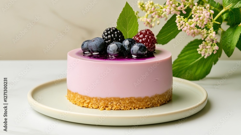 Poster elegant blueberry cheesecake slice with a buttery graham cracker crust topped with a glossy blueberr