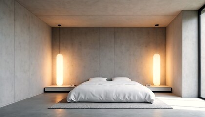 Minimalist Modern Bedroom Design with White Bedding and a Sleek Light Fixture.
