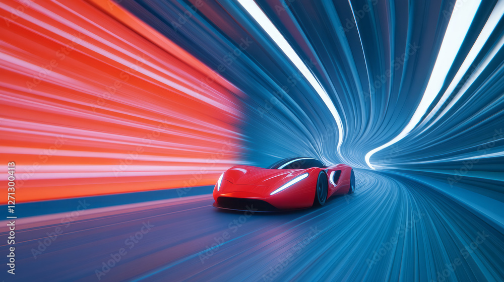 Poster a wide cinematic view of the tunnelâ€™s sweeping lines, the red supercar in sharp focus at the
