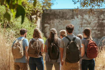 Groups of tourists with backpacks admiring a historical site during a sunny day, engaging in a guided tour filled with discovery