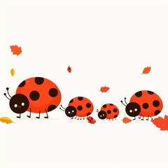 Adorable Ladybug Family Walking Amidst Autumn Leaves Cartoon Illustration