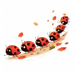 Fototapeta premium Adorable Ladybugs Procession Autumn Leaves Branch Cartoon Illustration