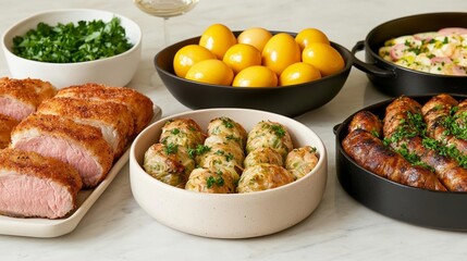 Elegant Bowl of sarma (stuffed cabbage rolls) served alongside Serbian Easter eggs and a platter of roasted meat comforting and hearty holiday meal 