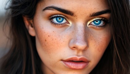 A close-up portrait of a woman with blue eyes and long brown hair.
