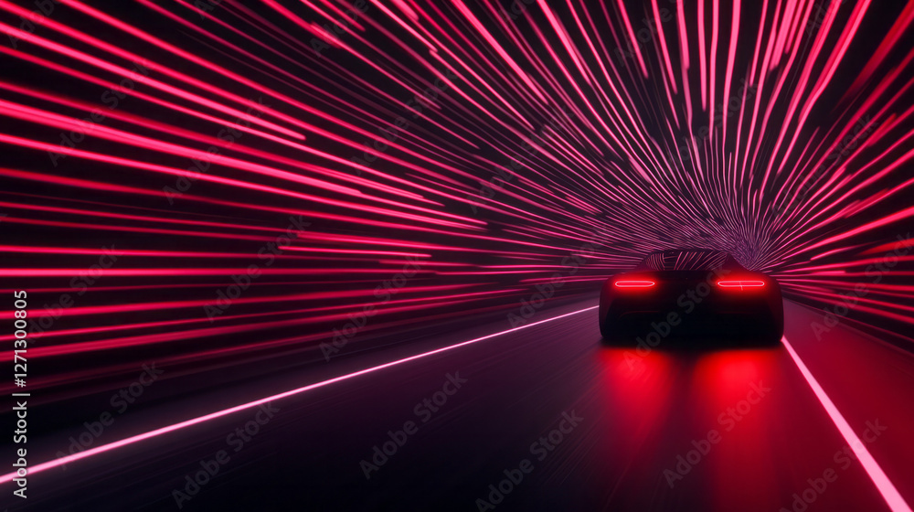 Poster a minimal composition focusing on the contrast between the vibrant car and the monochromatic tunnel