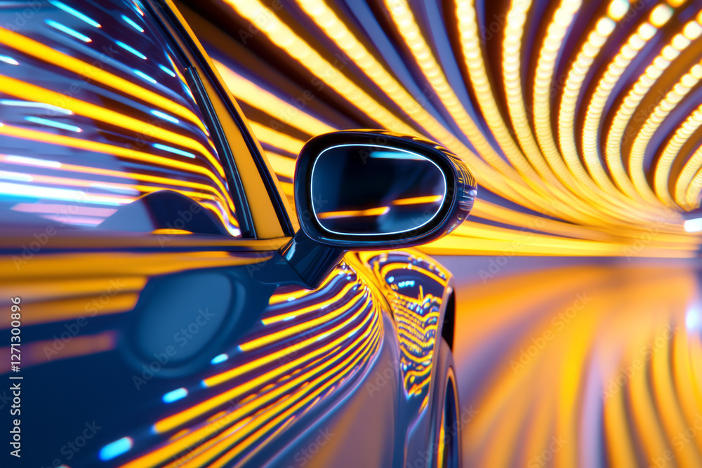 Poster a close-up on the side mirror and quarter panel, capturing dynamic motion blur that stretches the