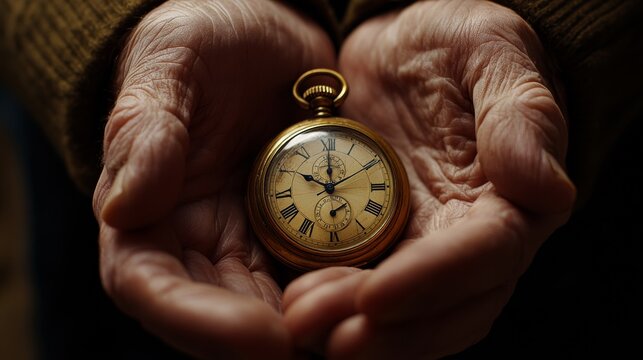 Weathered hands cradle a vintage pocket watch, symbolizing the passing of time and cherished memories held dear through generations.