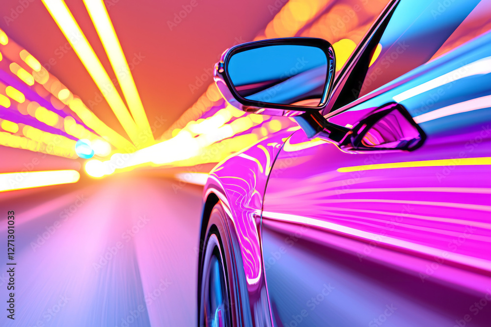 Aufkleber A close-up on the side mirror and quarter panel, capturing dynamic motion blur that stretches the
