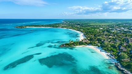 Obraz premium Aerial view of turquoise Caribbean beach, coastal hotels, lush vegetation. Ideal for travel brochures.