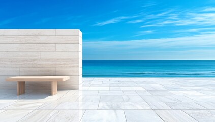 Obraz premium Minimalist Interior with White Marble Flooring, Light Wood Panels, and Ocean View
