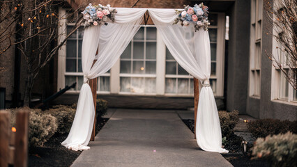 Obraz premium Simple wedding arch with white chiffon and pastel flowers