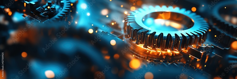 Poster precise metal gears rotate efficiently with bright illumination, showing industrial mechanism's intr