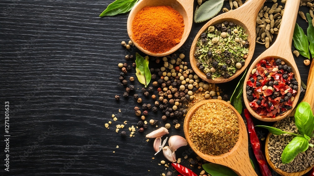 Aufkleber An array of vibrant spices and herbs neatly arranged on dark wood for culinary use : Generative AI