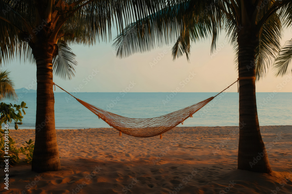 Poster empty hammock hanging between two palm trees on a tropical beach at sunset, perfect for relaxing and