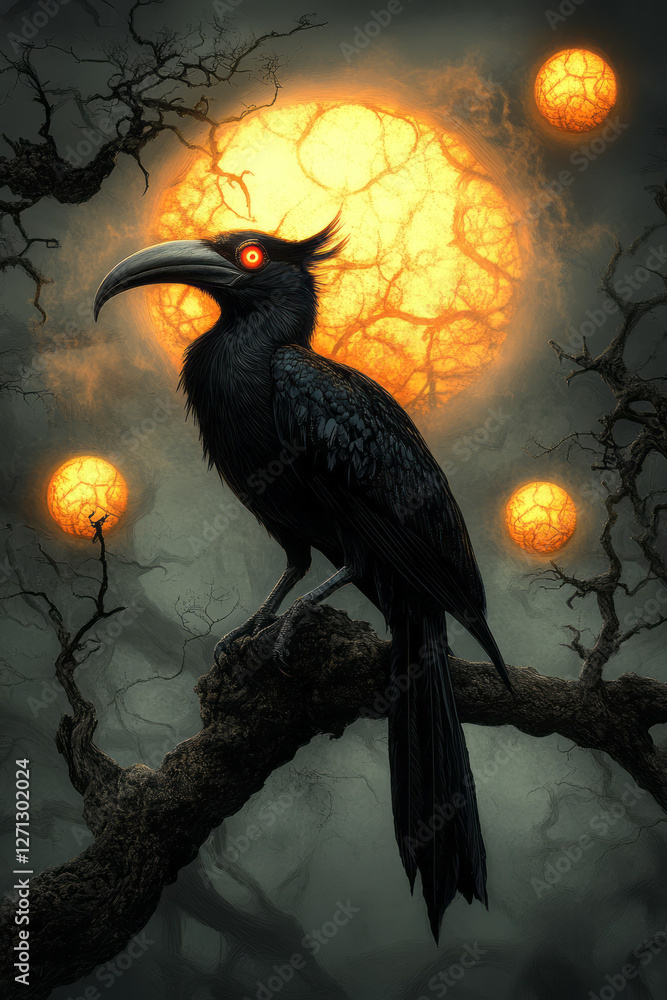 Aufkleber A moody setting where contrasting highlights on the hornbills pick up reflections from floating