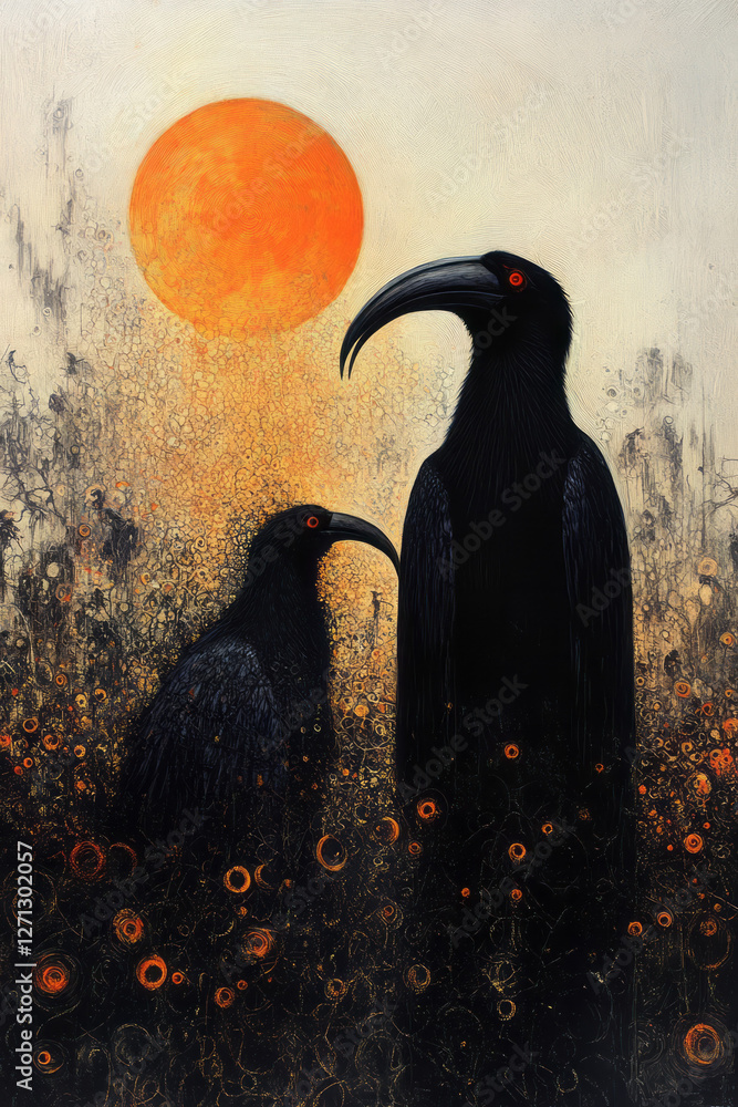 Poster A moody setting where contrasting highlights on the hornbills pick up reflections from floating