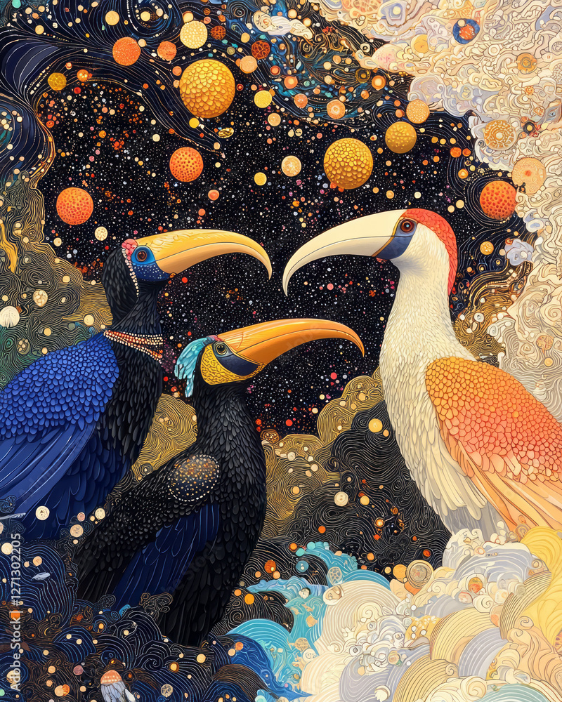 Poster A dynamic, diagonal layout of two hornbills exchanging gazes, vivid abstract waves and clusters of
