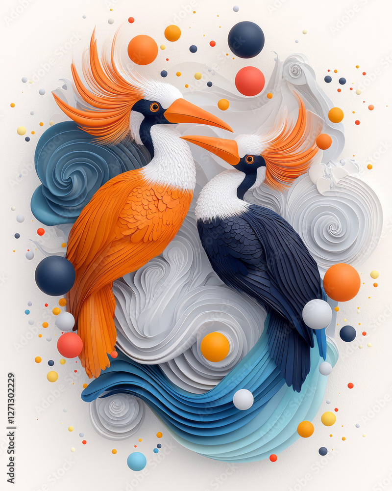 Poster a dynamic, diagonal layout of two hornbills exchanging gazes, vivid abstract waves and clusters of