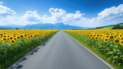 Long road surrounded by vast sunflower fields, stretching towards a distant mountain range under a bright blue sky.
