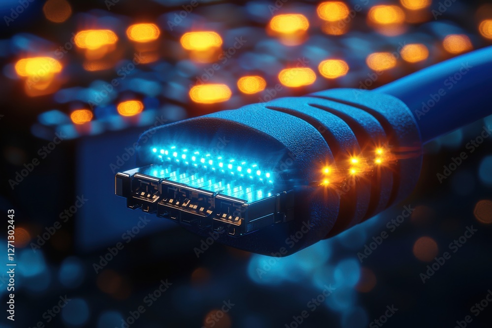 Poster a close up of network cable plugged into a switch with orange and blue lights, symbolizing the conne