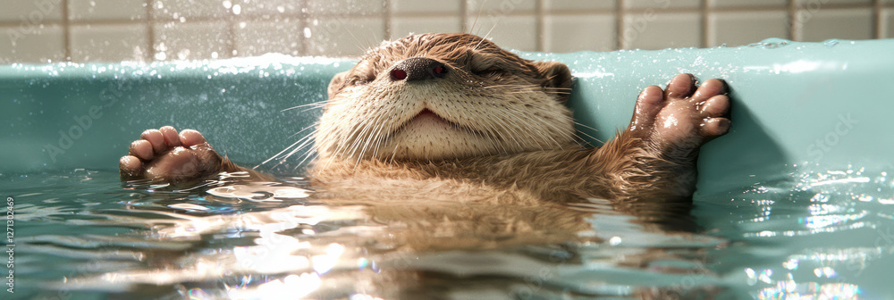 Poster an endearing view of a furry otter reclining against one side of the bath, creating gentle ripples