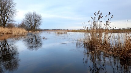 Fototapeta premium Tranquil Wetland Landscape with Reflections in the Water Surrounded by Tall Grass : Generative AI