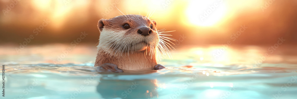 Poster a side angle capturing the otterâ€™s whiskers twitching as it floats in a milky bathwater,